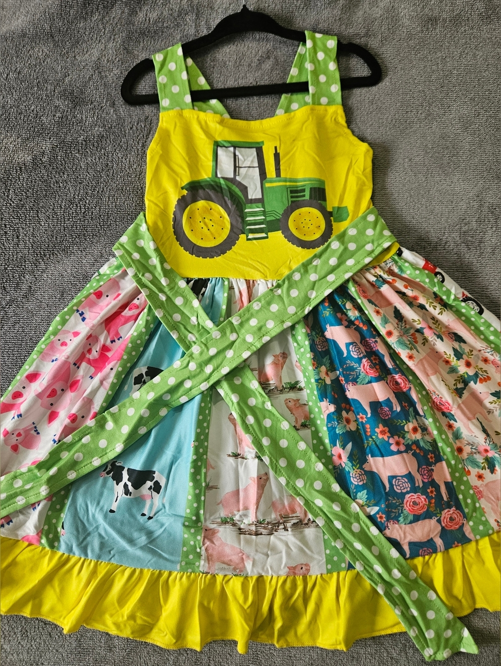 Yellow Tractor Patchwork Dress with Green Polka Dot Accents
